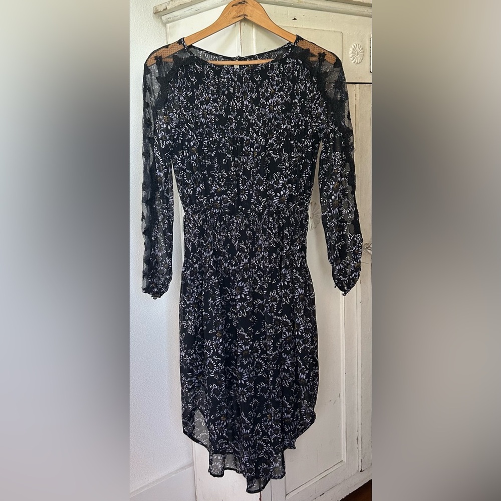 Free People | Women’s Black Floral Long Lace Sleeve Crewneck Dress Size S - Picture 4 of 15
